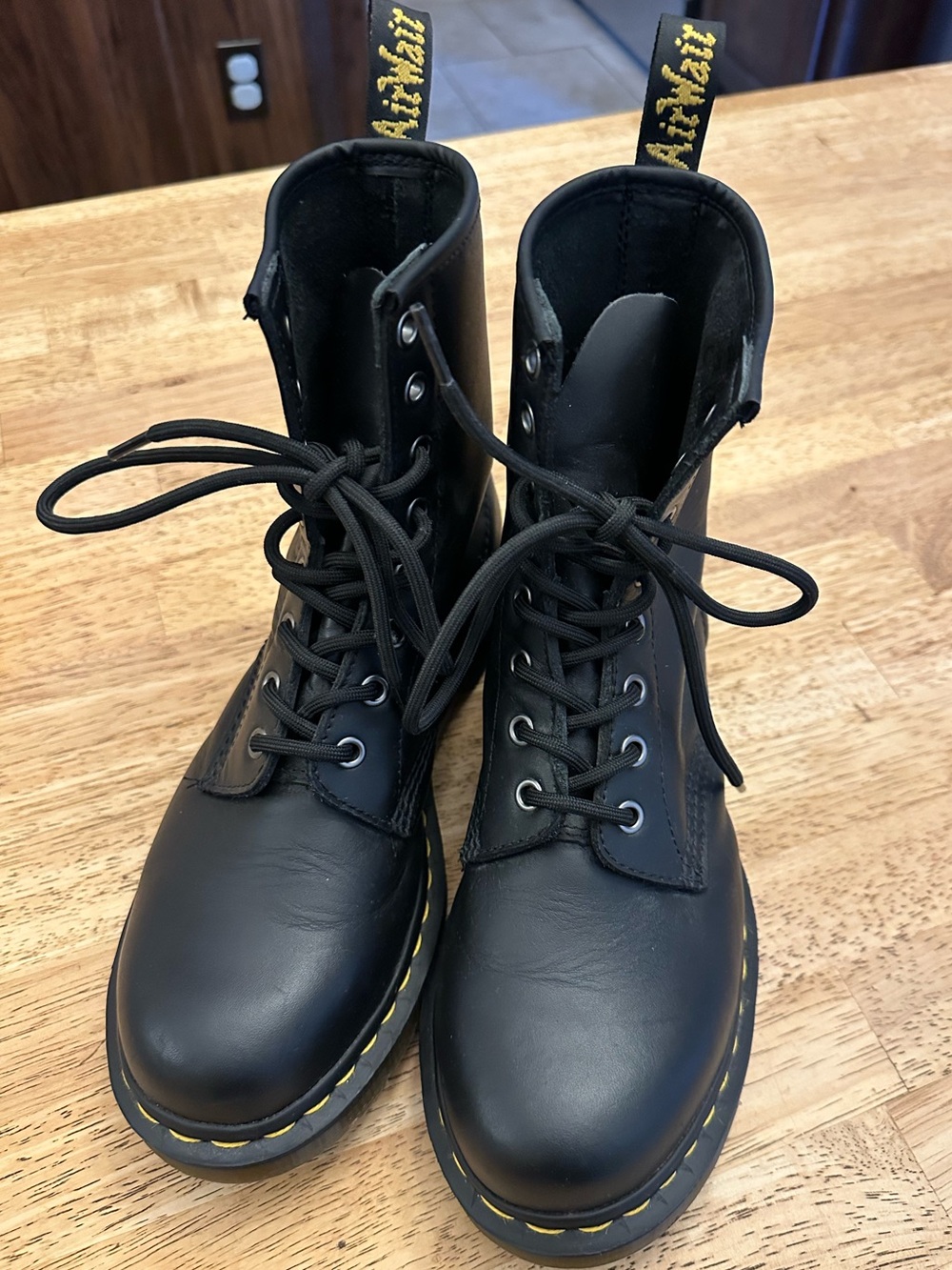 Dr. Martens Black Leather 1460 Combat Boots with Yellow Stitching